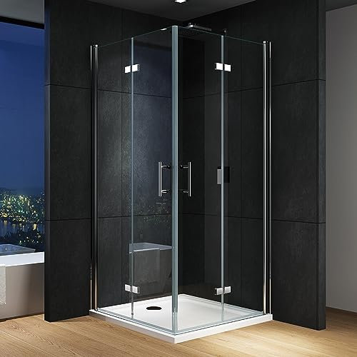IMPTS Duschabtrennung 70x90cm Eckeinstieg Flattür Duschkabine Flatbar Doppel Duschtür Rahmenlos Falttürkabine 5mm ESG-Glas 180°Drehfalttür Duschwand Faltdusche eckdusche Höhe 195cm