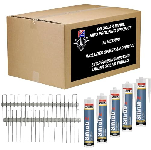 PG 25m Solar Panel Bird Proofing Kit Stainless Steel Clear Bird Spikes 210mm with Silirub 2 Sealant - to Control & Prevent Pigeons Nesting (25 Metres)