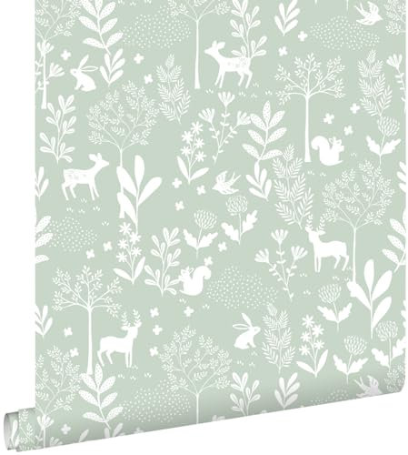 papier peint forêt avec des animaux de la forêt vert menthe 53 cm x 10.05 m - ESTAhome
