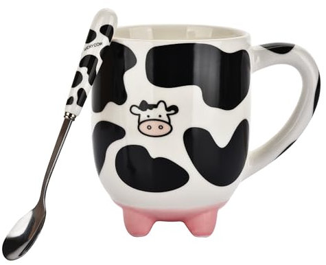 BUYNEED 20oz Cow Cute Mug Hand Painted Print Design,20oz Large Tea Coffee Milk Ceramic Cup Mug with Udders Non-Skid Feet and Spoon,Holiday and Cow Lover Gifts for Women,Friend