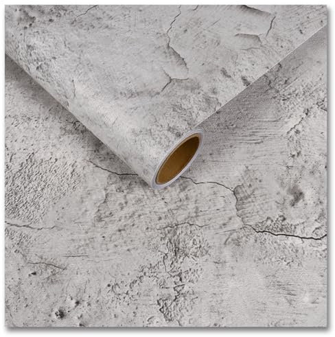 CRE8TIVE Grey White Self Adhesive Wallpaper Concrete Effect Waterproof Weathered Concrete Vinyl Wrap for Living Room Kitchen 30cm x 200cm