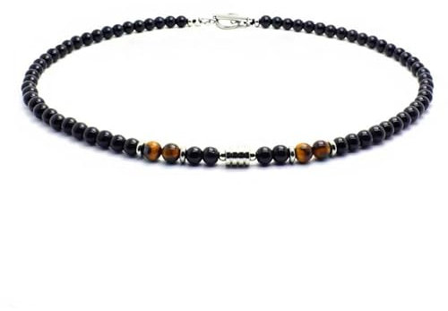Danwinty Perlenkette Herren, Natürliche Tigerauge Kette für Herren, 6mm Pearl Necklace Schwarz Hip Hop Choker Halskette Handmade Schmuck Geschenk für Männer (46cm)