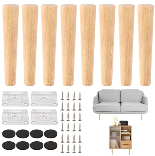 AKOLAFE 8 Stück Möbelfüße 25cm Eiche Tischbeine Rund Holz Mit Montageplatten und Schrauben Schwerlaste Schrankfüße für Sofa, Bett, Schrank, Stuhl, Tisch