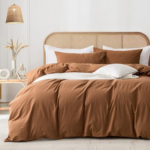 Freyamy Baumwolle Bettwäsche 135x200cm 4teilig Karamell Uni Baumwolle Renforce Bettwäsche Set Unifarben Leinenoptik Elegant Deckenbezug 2 Bettbezug mit Reißverschluss und 2 Kissenbezug 80x80cm