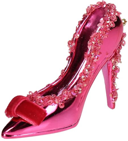 Christbaumschmuck Keramik 10,2cm - High Heel Figur zum Aufhängen - handbemalt & mit Glitzer - Weihnachtsbaum Anhänger für Weihnachten - Christbaumanhänger & Weihnachtsbaumschmuck - Damen Schuh Pink