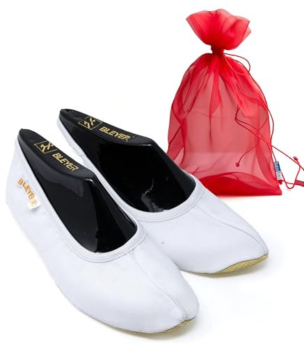 DanzaVinci Bundle Bleyer Trampolinschuhe 1541 Trampolin Bouncer mit Chiffonbeutel, Weiß, 36, Schläppchen aus Baumwollgewebe für Kinder und Erwachsene, Turnschläppchen rutschfest