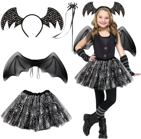 Costume de Chauve Souris Fille, Deguisement Halloween Fille Enfant Deguisement Chauve Souris Serre Tete Ailes Jupe Chauve-souris Araignée pour Halloween, Carnaval, Soirée à Thème, Cosplay