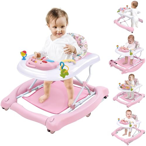 5 in 1 Baby Lauflernhilfe, Lauflernwagen Klappbar mit Höhenverstellbar und Geschwindigkeit, Abnehmbare Trampolinmatte, Babywippe mit Spielecenter, Esstisch Laufstuhl, Baby Walker ab 6 Monaten, Rosa