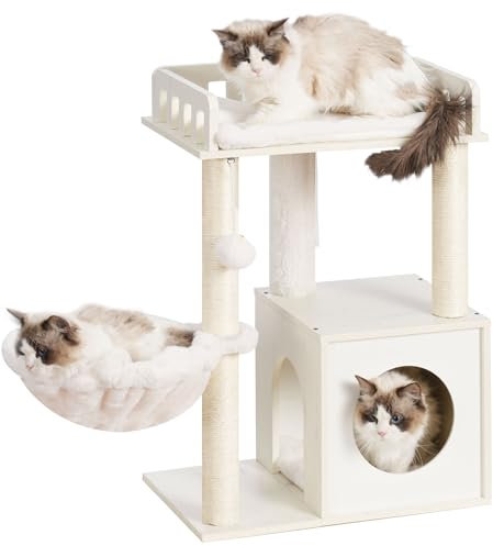 Heybly Árbol Para Gatos, Columna De Madera Con Plataforma 30 x 50 cm, Poteau Con Panier Para Gato, 2 Postes De Sisal, Estable, Apto Para Gatos Pequeños Y Medianos,Blanc Nuageux HCT007SWT