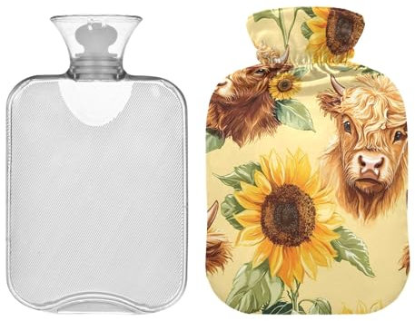 Highland Cows and Sunflowers Hot Water Bottle with Cover, Transparent Hot Water Bag for Cramps, Pain Relief, Period Warmer for Cramps 1L