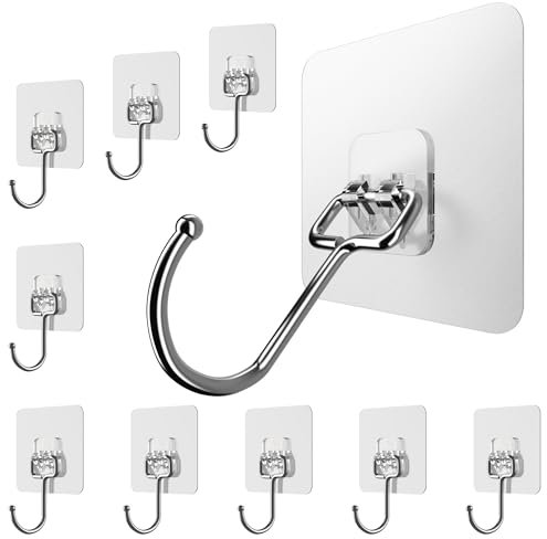 Menz Klebehaken extra stark, 10er Set - Selbstklebende Haken transparent 180° drehbar, belastbare Kleiderhaken selbstklebend für Küche und Bad, Wandhaken selbstklebend für Deko an Decke, Wand