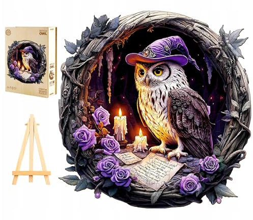 PASJO Holzpuzzle Erwachsene 3D Eule Zauberer Tierform Puzzleteile Holzbox und Mini-Staffelei aus Holz 300 Stück