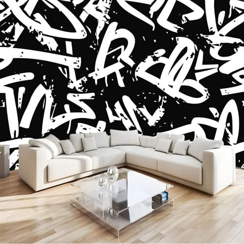 Vlies Fototapete Graffiti-Textur-Straßenkunst 200 x 140 cm Foto Tapete Schlafzimmer Wohnzimmer Moderne Vliestapete Schwarz Und Weiß, für Schlafzimmer Wohnzimmer Kinderzimmer Büro Wand Dekoration