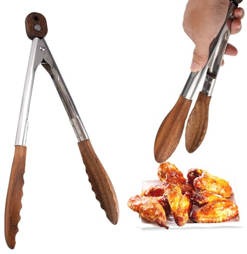 Zangen zum Kochen aus Nussbaumholz und Edelstahl, 29 cm Holz Grillzange, Premium Küchenzange, Kochzange, Servierzange, Hitzebeständig und Pflegeleicht, Ideal für BBQ, Salat, Toaster, Brot & Gurken
