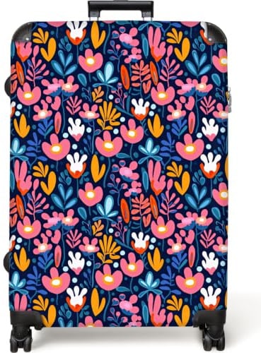NoBoringSuitcases© Koffer Groß Reisekoffer 4 Rollen Leicht Kindertrolley | 77x51.5x28 cm - XXL Reise Hartschalenkoffer Suitcase Large Blumen - Pflanzen - Pink