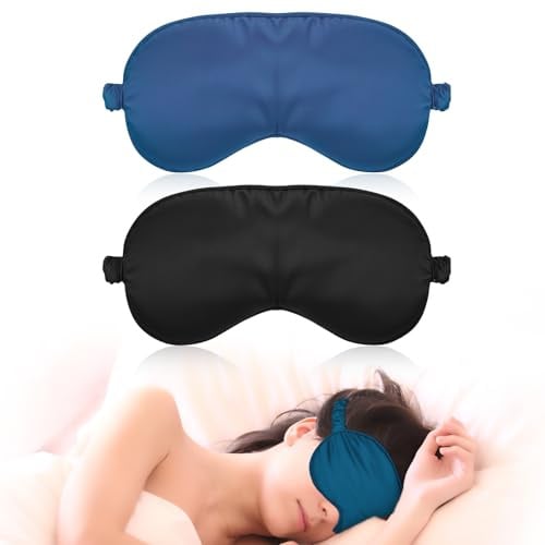 Molain 2 Stück Seidene Schlafmaske, Seide Augenmaske Weiche Augenbinde Schlafen Lichtblockierend Schlafmaske Herren Schlafmasken Seide für Pause, Reise oder Ruhige (Schwarz + Marineblau)