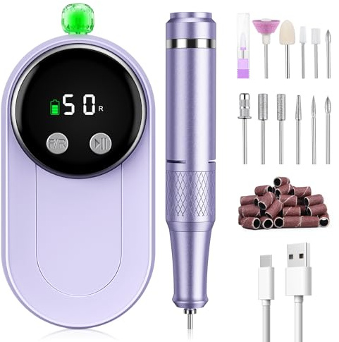Urbuti 50000RPM Electric Nail Files Professional Nail Drill,Portable Nail Drill Machine for Acrylic and Gel Nails,Rechargeable Manicure Pedicure Set with 12 bits LCD Display for Home Salon(Purple)