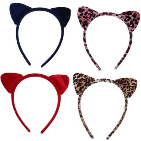 Katzenohren Haarreif Leopardenmuster 4stücke Party Kopfschmuck | Stoff, Schwarz und Rot, One Size Flexibel, für Kostümhaar, Geburtstag, Halloween Party Weihnachten Feier Zufälliger Stil