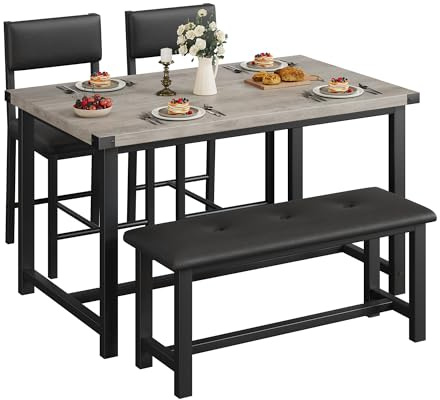 Thaookte Esstisch Mit 2 Stühlen, 1 Bänken, 4er-Set, Esstisch Und Stühle Für 4/6 Personen, Rechteckig Küchentisch-Set Für Wohnzimmer, Esszimmer, Küche, Metall Und Holz, Grau