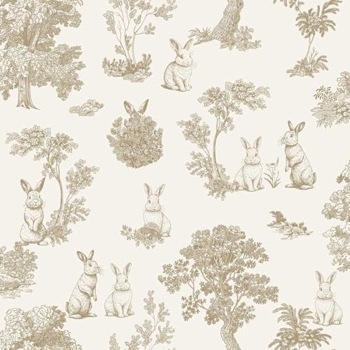 Papier peint lapin toile de Jouy doré blanc - Made in France - 53x1000