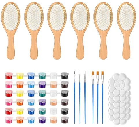 Kit De 6 Pinceaux À Cheveux En Bois À Peindre Soi-même, Créez Votre Propre Brosse À Cheveux ! Fournitures Pour Soirées D'anniversaire, Avec Pinceaux Et Palette,Brosse ÀCheveux En Bois À Peindre