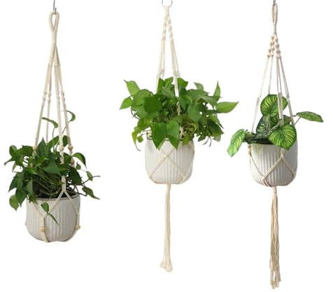 Shuqio Suspension Plante Lot de 3, Pot Suspendu Interieur Exterieur | Lot de 3 suspensions en coton tressé 3 tailles différentes supporte la plupart des pots utilisable en intérieur et extérieur