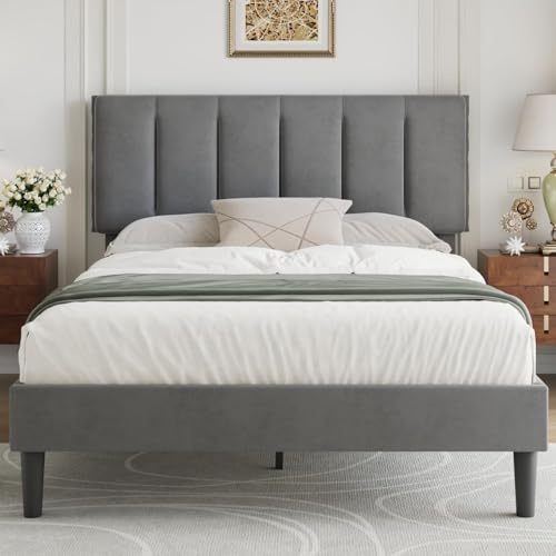 VECELO Polsterbett 140x200 cm, Doppelbett mit höhenverstellbarem Kopfteil, Samtbezug und Lattenrost, Stabil und Geräuschlos, Einfache Montage, Grau