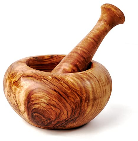 DAS OLIVENHOLZBRETT® Mortier et pilon de forme ronde/8 cm | Pour broyer des herbes et des épices, bois d'olivier de qualité supérieure, rapide et facile à nettoyer
