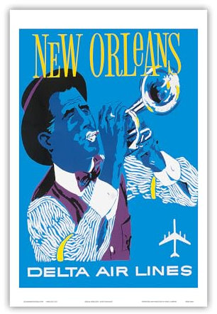 Pacifica Island Art New Orleans – Delta Air Lines – Jazz Trumpet Player – Vintage Airline Travel Poster c.1960 – Master Kunstdruck 12 x 18