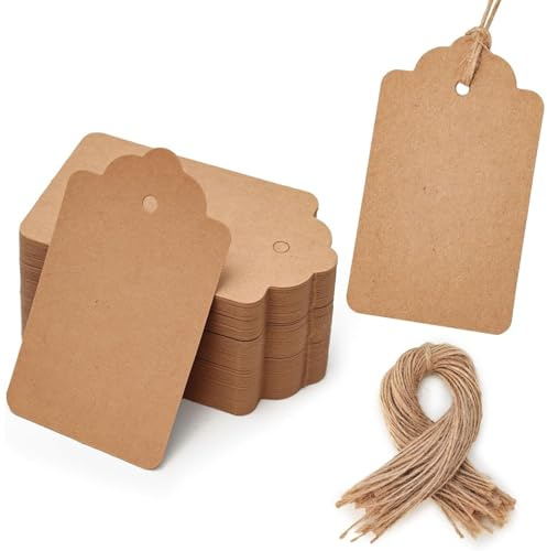 SallyFashion 100pcs Gift Tags with String Attached, 1.7 x 2.8 inch Kraft Paper Hang Tags for Clothes DIY Crafts Wedding Holiday (Brown)