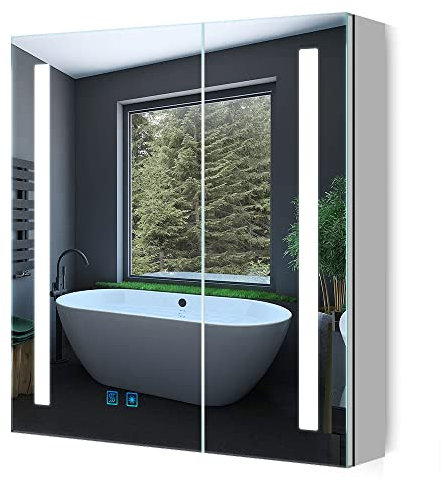 Quavikey® LED Bathroom Mirror Cabinet With Shaver Socket 2 Doors Grey Bathroom Cabinets With Mirror 3 Color Changing Wall Mounted With Removeable Shelf And Built-in Defogger 630 x 650 mm Aluminum