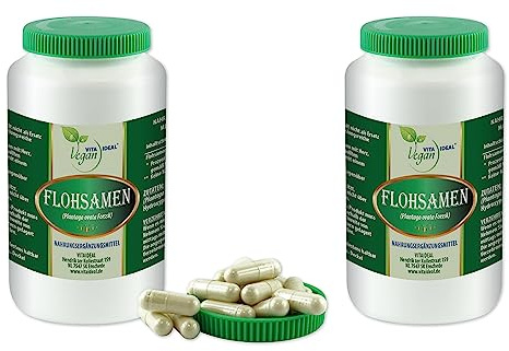 VITA IDEAL Vegan® FLOHSAMEN - Schalen 2x 360 KAPSELN- Plantago indica - Tagesportion 1100mg FLOSAMENSCHALEN reines Pulver. Naatürlich, pflanzlich & ohne Zusatzstoffe.