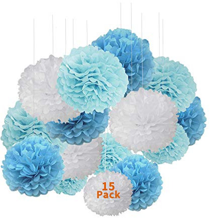 Seidenpapier Pompons,XCOZU 15 Stück Bunt Papier Pompoms für Hochzeit Deko,Seidenpapier Pompom für Geburtstagsfeier Deko Pom Poms,Weiß und Blau Pon Pons