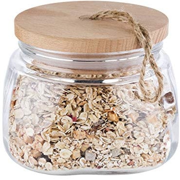 APS Vorratsglas „Woody“ – Hochwertiges Glasbehältnis mit Deckel aus Holz – Durch die Silikondichtung bleibt das Aroma des Inhaltes länger vorhanden – 1 Liter, Aufbewahrungsbehälter
