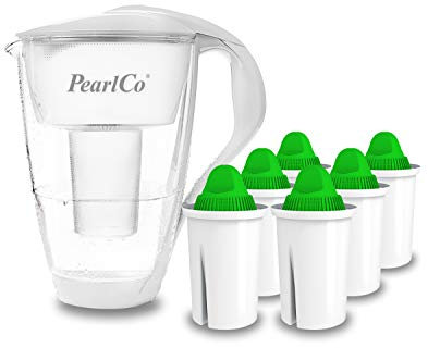 PearlCo Glas-Wasserfilter (weiß) mit 6 Alkaline Classic Filterkartuschen - Made in EU