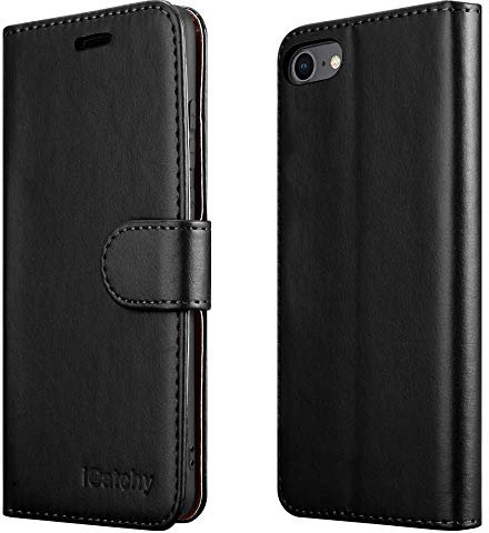 iCatchy For iPhone SE 2022 Case 2020 Case, 8 7 Leather Wallet Book Flip Folio Stand View Compatible with se 2022/2020 Phone Cover (Black)
