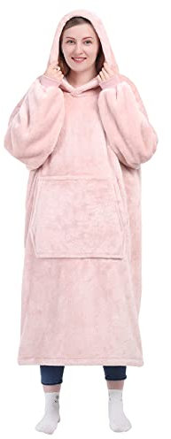 Kpblis - Coperta con cappuccio, in flanella, con grande tasca frontale e maniche, per adulti, uomini, donne, adolescenti (rosa)