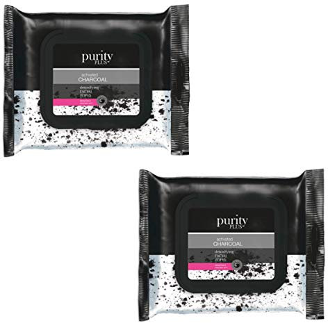 2 Pack Purity Plus Activated Charcoal Detoxifying Cleansing Facial Wipes for Women & Men Makeup Remover 60 Wipes