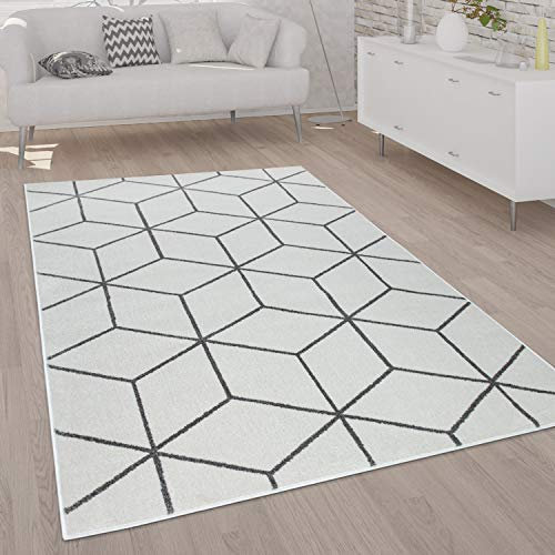 Paco Home Teppich Wohnzimmer Kurzflor Moderner Skandinavischer Stil Rauten Muster Grau Weiß, Grösse:60x100 cm, Farbe:Weiß