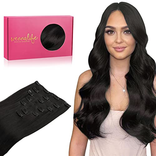 WENNALIFE Clip in Extensions Echthaar, 35cm 14 Zoll 120g 7pcs Natürliches Schwarz Hair Extensions Clip in Echthaar Remy Clip in Haarverlängerung Natürliche Echthaar Extensions