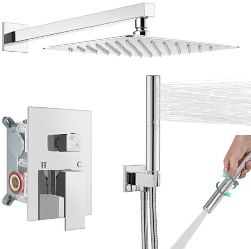 Heyalan Duschsystem Polish Chrom 10 Zoll Regendusche Kopf Quadratisch Regendusche Wasserhahn Befestigung Combo Set Badezimmer mit 2 in 1 Handbrause Dual Funktionen Rau im Ventil enthalten Wandmontage