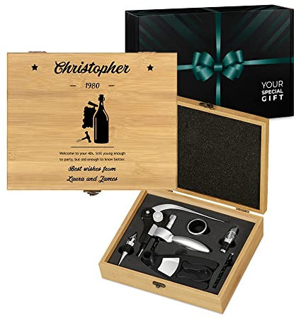 Maverton Wine Opener Tools in Bamboo Box - Engraved Set for Men - Wine Opening kit - Gift for him - Must-Have for Wine Connoisseur in Wooden Box - for Gentleman - Bottle