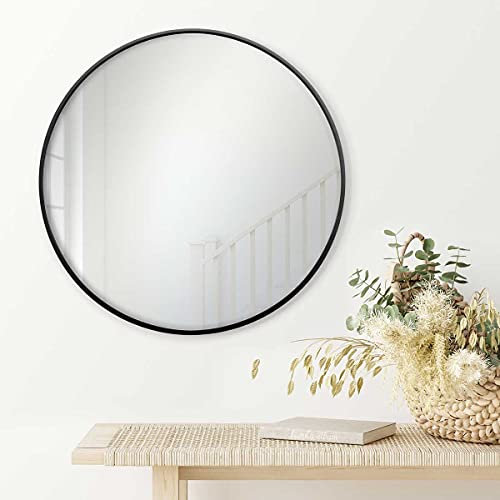 PHOTOLINI Badezimmer Spiegel rund Schwarz 70 cm mit Metallrahmen, Bad Spiegel rund, Schwarzer Runder Wandspiegel zum Aufhängen, schmaler Rahmen, Dekoratives Highlight für Flur, Garderobe und Gäste WC