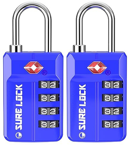 SURE LOCK TSA Approved 4-Digit Resettable Combination Luggage Locks with Open Alert, Easy-Read Dials - for Luggage, School Lockers, Gym, Office, Toolbox & Security Cases(Blue 2 Pack)