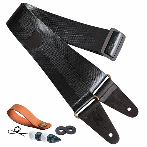 Gitarrengurt mit Plektrumtasche, Vintage Nylon Full Grain Leather Ends Gitarrengurte für Bass, Elektro- & Akustikgitarre, mit kostenlosem Gurtknopf, 1 Paar Gurtschlössern und 6 Gitarrenplektren