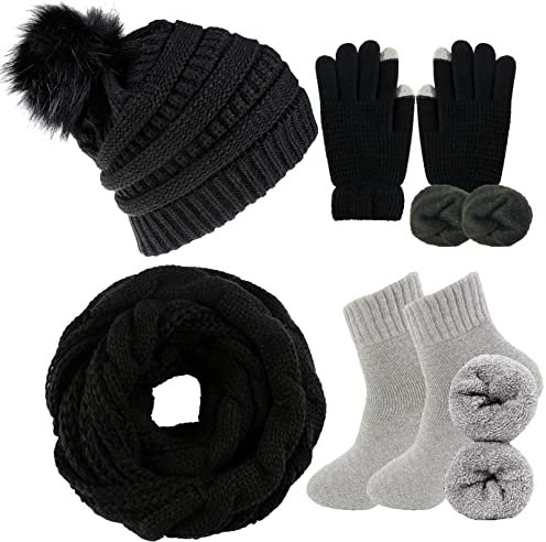 CheChury Damen Kombi Set Schal Mütze Set Loop Schal Gestrickt Beanie Strickmütze Fleece Bommelmütze Pompon Touchscreen-Handschuhe Strick mit Kreis Geschenkset für Frauen,Schwarz-2