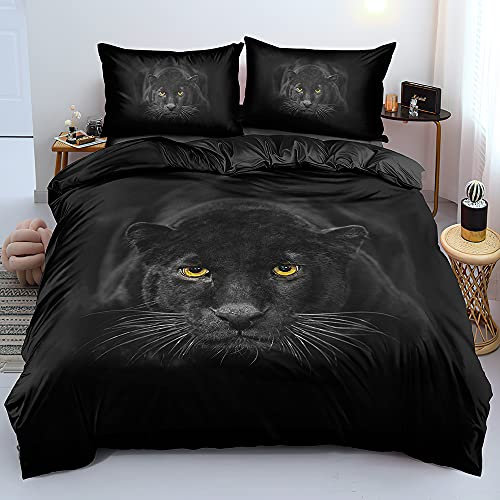 DXHOME Leopardenmuster Bettwäsche 200x220 3D Effekt Tiermotiv Bettwäsche Weiche Hochwertige Schwarz Mikrofaser Bettwäsche 3teilig für Paare Doppelbett mit Reißverschluss und 2 Kissenbezüge 80x80 cm