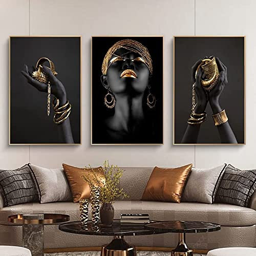 FSLEOVN Afrikanische Frau Leinwand Bilder Gold Lippen Schwarze Hände Leinwandbilder Abstrakte Poster Bilder Home Decor Rahmenlos (A+B+C,60 x 90 cm)