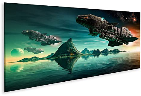 islandburner Bild auf Leinwand Futuristische Scifi Schlacht Raumschiffe schweben über saurem Ozean Alien Planet D Render Futuristis Wandbild Leinwandbild Bilder für Wohnzimmer GGJN-Pano