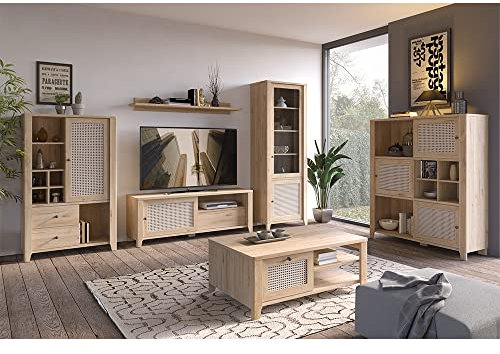 Lomadox Wohnzimmer Komplett Set inkl. Couchtisch Highboard Vitrine TV-Lowboard Regalschrank in Eiche Nb. mit Wiener Geflecht Nb.